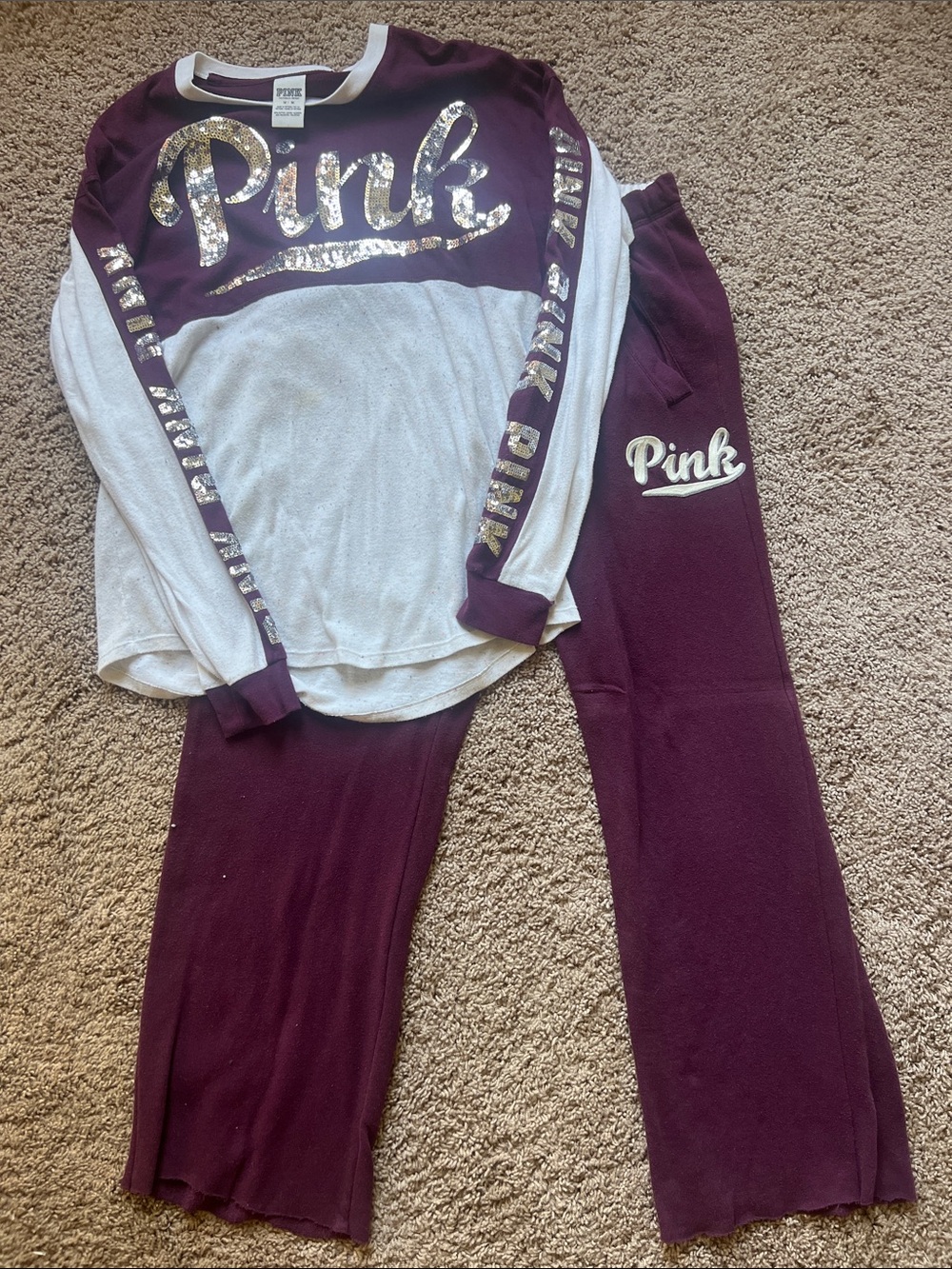 Victoria's Secret PINK Burgundy and White sweatsuit pants size S top M